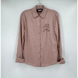 Reformation Womens Pink Satin Embroidered Cuffed Long Sleeve Button Top Sz XS